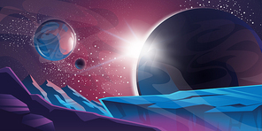 Cosmic background, alien planet deserted landscape with mountains, rocks, deep cleft and stars shine in space. Extraterrestrial computer game backdrop, parallax effect cartoon vector illustration