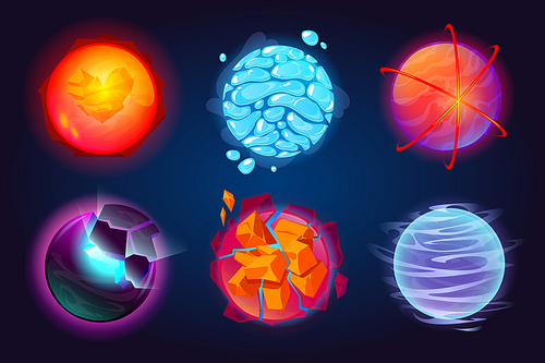 Set of fantastic planets, cartoon galaxy ui game asteroids. Cosmic world, alien space design elements. Earth, satellite with rings, water drops, glow and exploding comets surface. Vector illustration