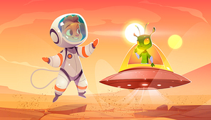 Alien and astronaut child meet on red planet. Friends cute martian and baby cosmonaut in space suit greeting each other. Extraterrestrial interstellar friendship, contact, Cartoon vector illustration