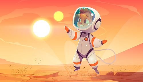 Cute spaceman on Mars surface. Vector cartoon alien planet landscape with red ground and mountains and boy astronaut in spacesuit. Futuristic illustration of cosmonaut in martian desert