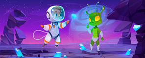 Cute spaceman and alien characters on planet at night. Vector cartoon landscape with rocks, blue crystals, stars in sky, boy astronaut in spacesuit and green extraterrestrial