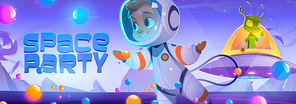 Space party poster with cute spaceman and alien character in sweet world. Vector banner with cartoon illustration of candy planet landscape, boy astronaut and extraterrestrial in flying saucer