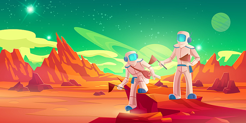 Spacemen with flags walking on Mars surface. Vector cartoon illustration of alien planet landscape with red ground and mountains, stars in sky and astronauts in spacesuits