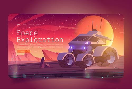 Space exploration banner with rover on alien planet surface. Vector landing page of cosmos investigation with cartoon illustration of planet landscape with explorer robot, rocks and stars in sky