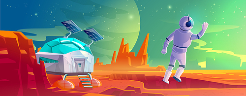Astronaut on alien planet landscape with scientific laboratory. Cosmonaut in suit and helmet in far galaxy explore outer space. Spaceman on station, cosmos colonization. Cartoon vector illustration