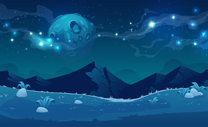 Night landscape with mountains and full moon with stars glowing over rocky peaks. Mysterious twilight scenery view with rocks. Beautiful nature nighttime background, Cartoon vector illustration