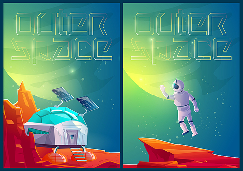 Outer space posters with colony base and astronaut on Mars. Vector banners with cartoon illustration of alien red planet landscape with station and cosmonaut in spacesuit