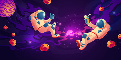 astronauts in weightlessness  juice, show thumb up. cosmonauts in zero gravity among planets, nebula and asteroids flying for fun and exploring outer cosmic space, cartoon vector illustration.