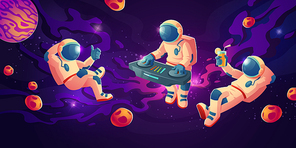 Astronaut dj with turntable in open space. Vector cartoon illustration with spaceman mixing techno music, showing thumb up and with drink on cosmos background. Galaxy design for poster or flyer