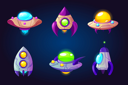 Rockets, ufo and spaceships isolated on blue background. Vector cartoon futuristic design of different shuttles in cosmos, flying saucer, unidentified rocketships and satellites