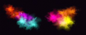 Explosions of color powder or dust with particles. Vector realistic set of paint splashes, burst effect of colorful powder clouds and spray isolated on transparent background