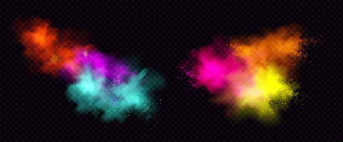 Explosions of color powder or dust with particles. Vector realistic set of paint splashes, burst effect of colorful powder clouds and spray isolated on transparent background