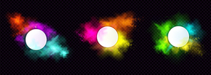 Powder Holi paints round frames colorful clouds or explosions, ink splashes, decorative vibrant dye borders isolated on black background, traditional indian holiday. Realistic 3d vector illustration