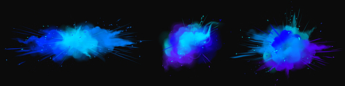 Explosions of blue powder, paint dust with particles. Vector realistic set of colored ink splashes, burst effect of powder clouds, splatter and spray isolated on black background