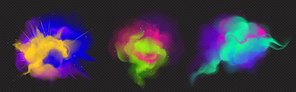 Colorful smoke flow and paint powder explosion. Vector realistic set of color splashes, dust clouds and spray isolated on transparent background. Flying smoky flow and ink burst
