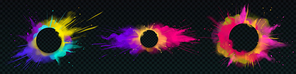 Color powder explosions with round banners. Clouds of paint dust with particles. Vector realistic splash of colorful powder, burst effect with copy space for text isolated on transparent background