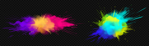 Color powder explosions isolated on transparent background. Splash of paint dust with particles. Vector realistic set of burst effect of colorful powder clouds