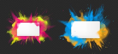 Holi paint powder color explosion banner realistic vector. Blue pink yellow dust splash, spring holiday paint burst with white clear blank paper isolated on dark, decorative element indian fest