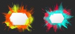 Holi paint powder color explosion banner realistic vector. Yellow red green dust splash, spring holiday paint burst with white clear blank paper isolated on dark, decorative element indian fest