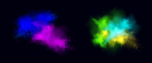 Color powder explosions isolated on black background. Splash and spray of paint dust with particles. Vector realistic set of burst effect of colorful powder clouds