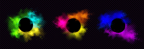 Powder Holi paints round frames colorful clouds or explosions, ink splashes, decorative vibrant dye borders isolated on black background, traditional indian holiday. Realistic 3d vector illustration