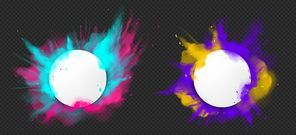 Color powder explosions. Splash of paint dust with white round banner. Vector realistic clouds of colorful powder, burst effect with copy space for text isolated on transparent 