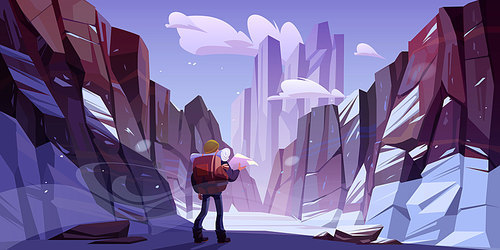Traveler man at winter mountains, travel journey, adventure. Tourist with backpack and map stand at rocky snowy landscape looking at high peak. Extreme hiking lifestyle, Cartoon vector illustration