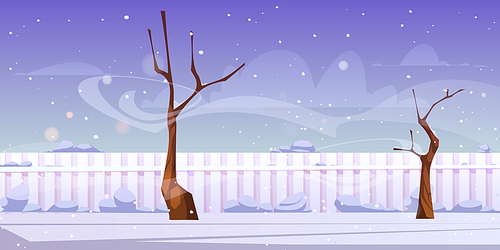 Winter landscape of backyard with bare trees, fence, white snow and wind. Vector cartoon illustration of empty yard, garden or park with snowy lawn, fencing and blizzard