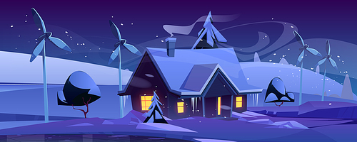 Smart house with wind turbines at winter night. Eco friendly home, modern building on nature landscape with falling snow and trees. Renewable energy, organic architecture, Cartoon vector illustration
