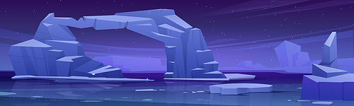 Arctic landscape with melting iceberg and glaciers in sea at night. Concept of global warning and climate change. Vector cartoon illustration of polar or antarctic ice in ocean water and stars in sky