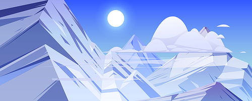 Mountains landscape with rocks and ice peaks. Vector cartoon nature scene with mountains tops covered by white snow, clouds and sun in blue sky. Illustration of high rock range