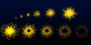 game fireworks, yellow explode effect burst sprites for animation. user interface ui or gui elements for videogame, computer or web design. salute sparkle explosion s, cartoon vector illustration