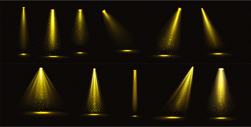 Stage lights, yellow spotlight beams with gold sparkles, glowing elements for studio or theater scene, lamp rays for concert, show, presentation isolated on black background, Realistic 3d vector set