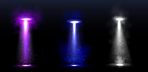 Ufo light beams, glowing rays from alien spaceships. Vector realistic set of spotlight effect of flying saucer illuminated fog and particles. Spacecraft glow beams at night