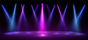 Stage illuminated by blue and pink spotlights. Empty scene with spots of light on floor. Vector realistic illustration of studio, theater or club interior with color beams of lamps