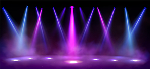 Stage lights, spotlight beams with smoke on black background, glowing studio or theater scene lamp rays, purple illumination on floor and ceiling for concert or show presentation, Realistic 3d vector