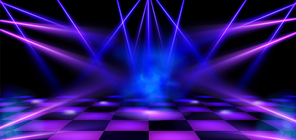 Dance floor, stage illuminated by blue and pink spotlights. Empty scene with spots of light on checkered floor. Vector realistic illustration of theater or club with color beams of lamps and smoke