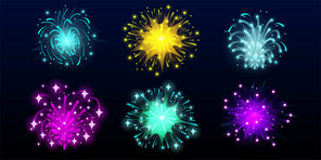 Carnival fireworks in night sky. Bright explosions of festive rockets isolated on black background. Vector cartoon set of fireworks for birthday party or holidays celebration