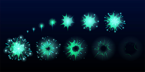 fireworks explode effect for game animation, burst sprites, user interface gui elements for videogame, computer or web design. explosion s, blue flash lights, cartoon vector illustration, set