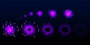 game purple fireworks explode effect burst sprites for animation. user interface ui or gui elements for videogame, computer or web design. salute sparkle explosion s, cartoon vector illustration