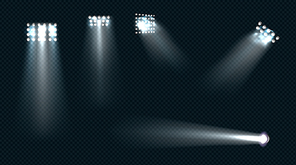 Spotlights, stage light white beams, glowing design elements for studio, stadium or theater scene. Lamps rays for concert, show presentation isolated on transparent , Realistic 3d vector set