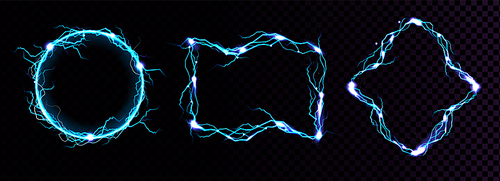 Lightning frames, electric blue thunderbolt borders, magic portals, energy strike. Powerful electrical discharge dazzle isolated on black and transparent background. Realistic 3d vector illustration