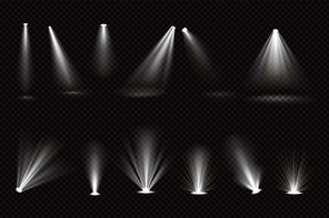 Light beams from spotlights and floor projectors isolated on transparent . Vector realistic set of bright white rays for illumination show, concert, theater stage or podium