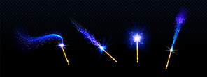 Magic wands with blue star and glowing sparkle trails, gold colored rods with shiny fairy dust and neon light effect trace, isolated objects on black background, Realistic 3d vector illustration, set