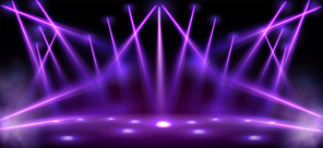 Stage lights, spotlight beams with smoke, glowing studio or theater scene lamp rays on black background. Purple illumination on floor and ceiling for concert or show presentation, Realistic 3d vector