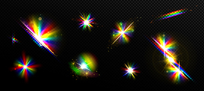 Rainbow light flare effects, bright iridescent glare isolated on transparent background. Colorful rays with blur and golden sparkles. Vector realistic set of spectrum glow from lens or prism filter