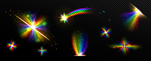 rainbow crystal light, prism flare reflection, lens refraction, falling star, glass, jewelry or gem stone glare, optical physics effect isolated on black , realistic 3d vector icons set
