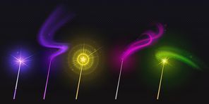 Magic wands with color star and glowing sparkle trails, gold colored rods with shiny fairy dust and neon light effect trace, isolated objects on black background, Realistic 3d vector illustration, set