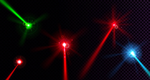 Laser beams set isolated on transparent background. Vector realistic mockup of neon rays with glow effect and lens flares. Red, green and blue lazer light trails, bright glowing rays in dark