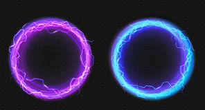 Electric lightning circles with blue and purple glow effect. Illuminated neon round frames. Vector realistic set of digital rings with sparking electrical discharge isolated on transparent background